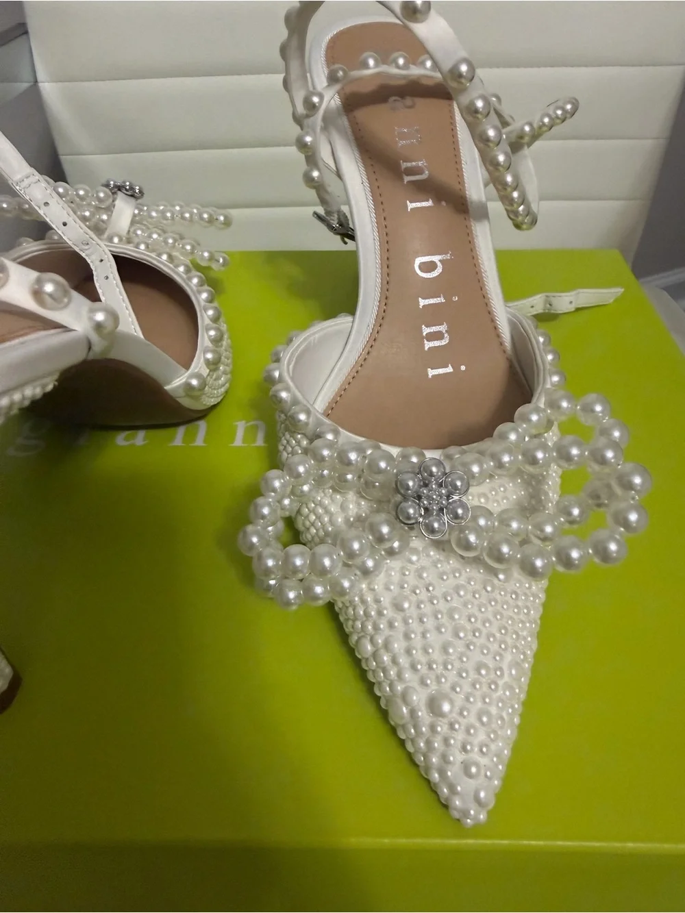 Gianni Bini White Pearl-Embellished Pointed Toe Slingback Heels